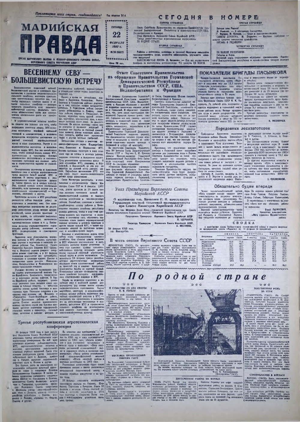 Газета «Марийская правда» от 22.02.1952