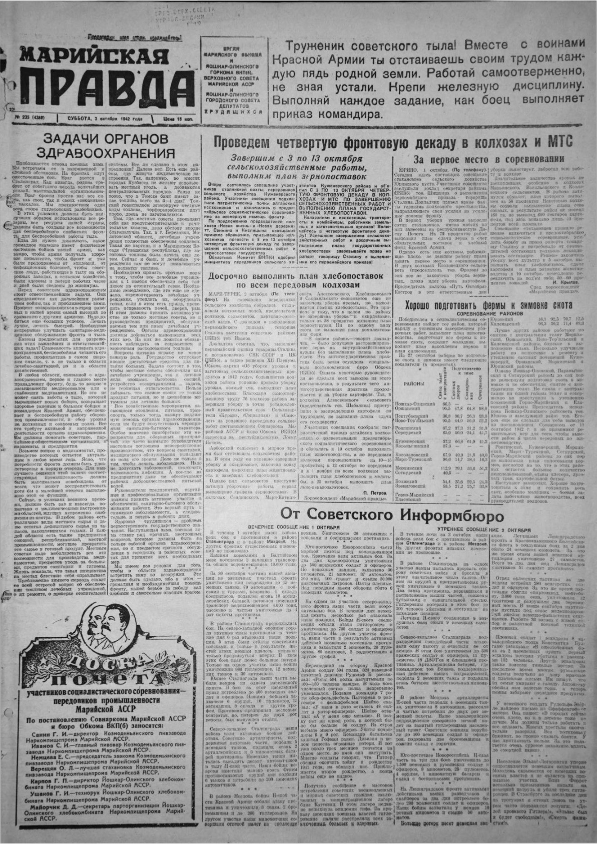 Газета «Марийская правда» от 03.10.1942
