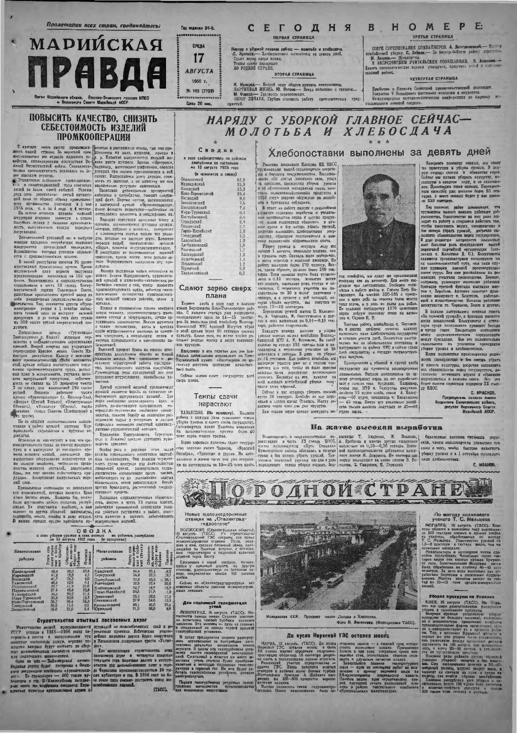 Газета «Марийская правда» от 17.08.1955