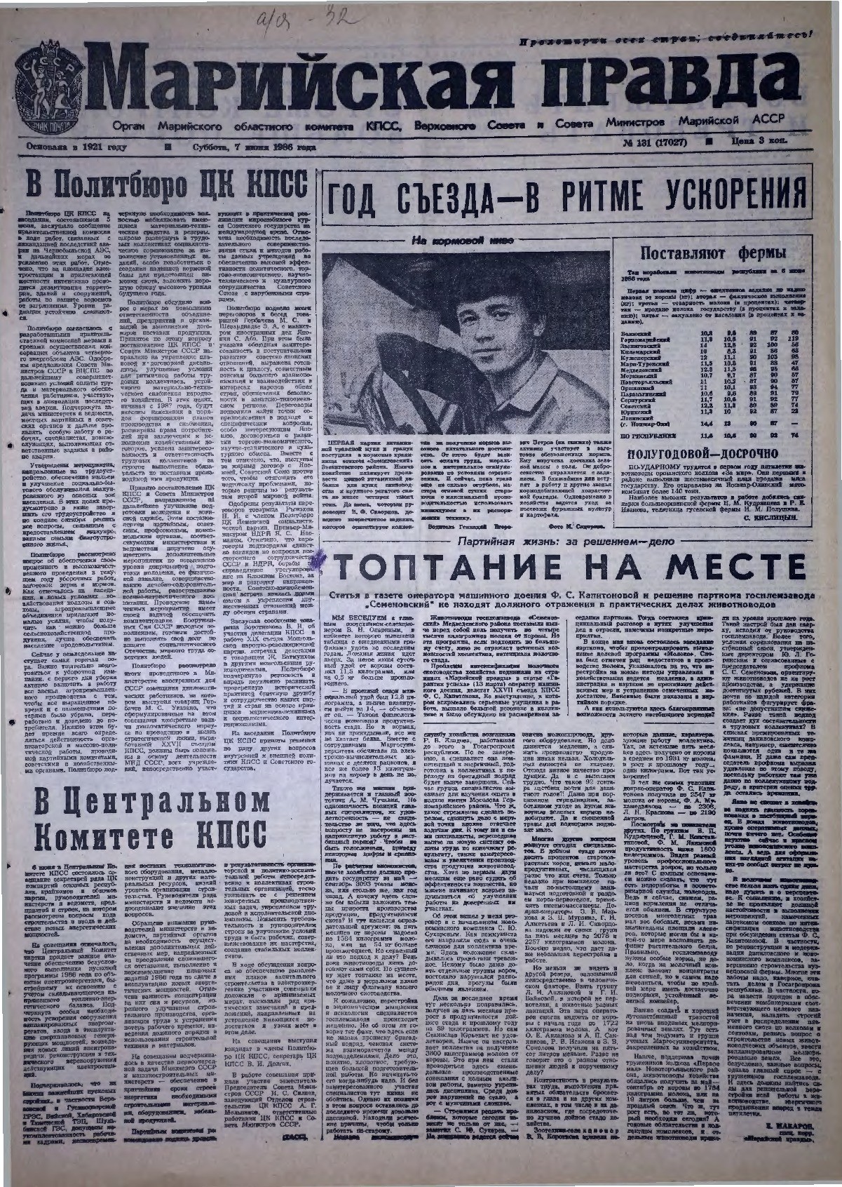 Газета «Марийская правда» от 07.06.1986