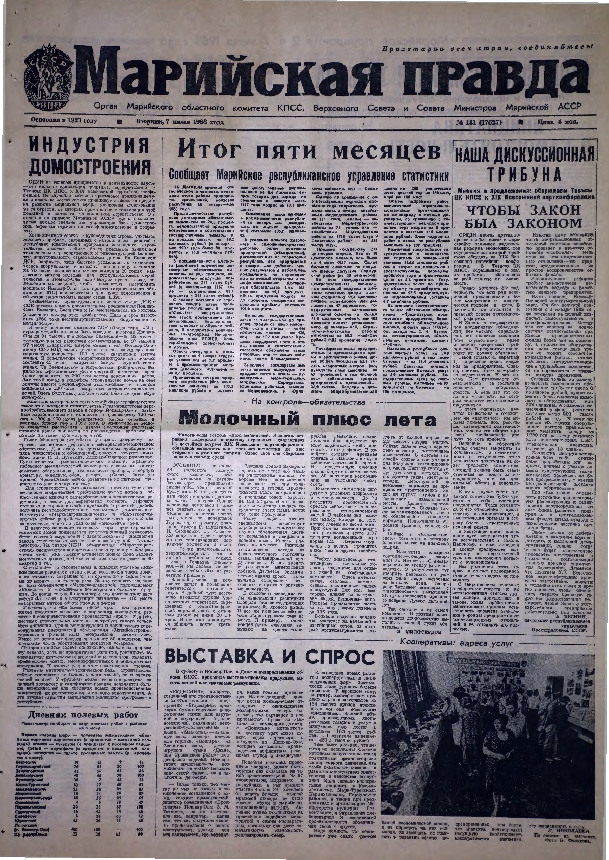 Газета «Марийская правда» от 07.06.1988