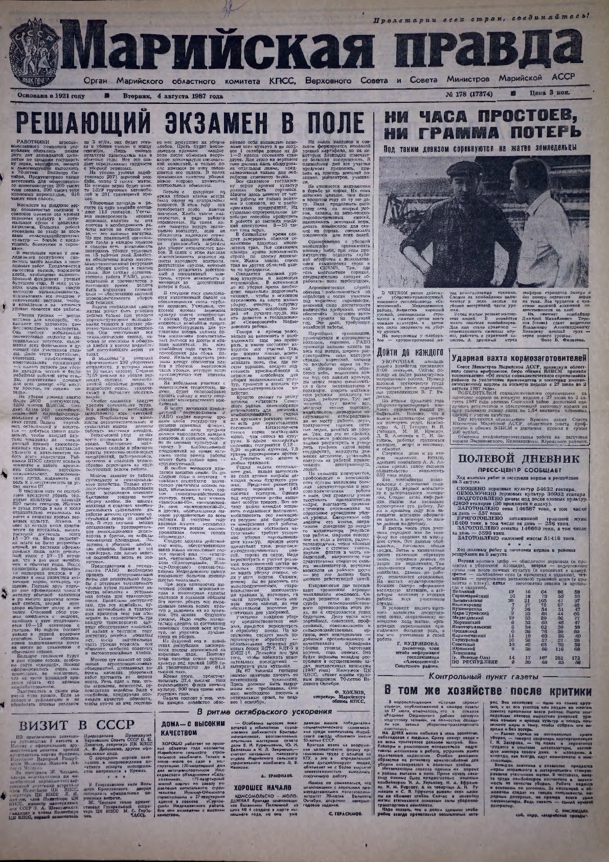 Газета «Марийская правда» от 04.08.1987