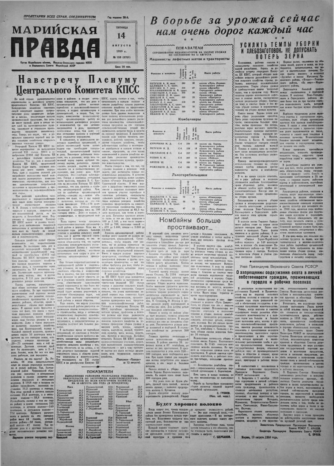 Газета «Марийская правда» от 14.08.1959