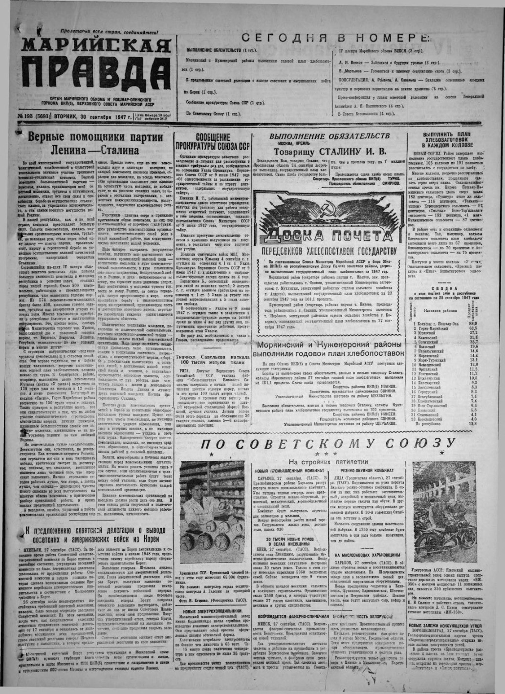 Газета «Марийская правда» от 30.09.1947