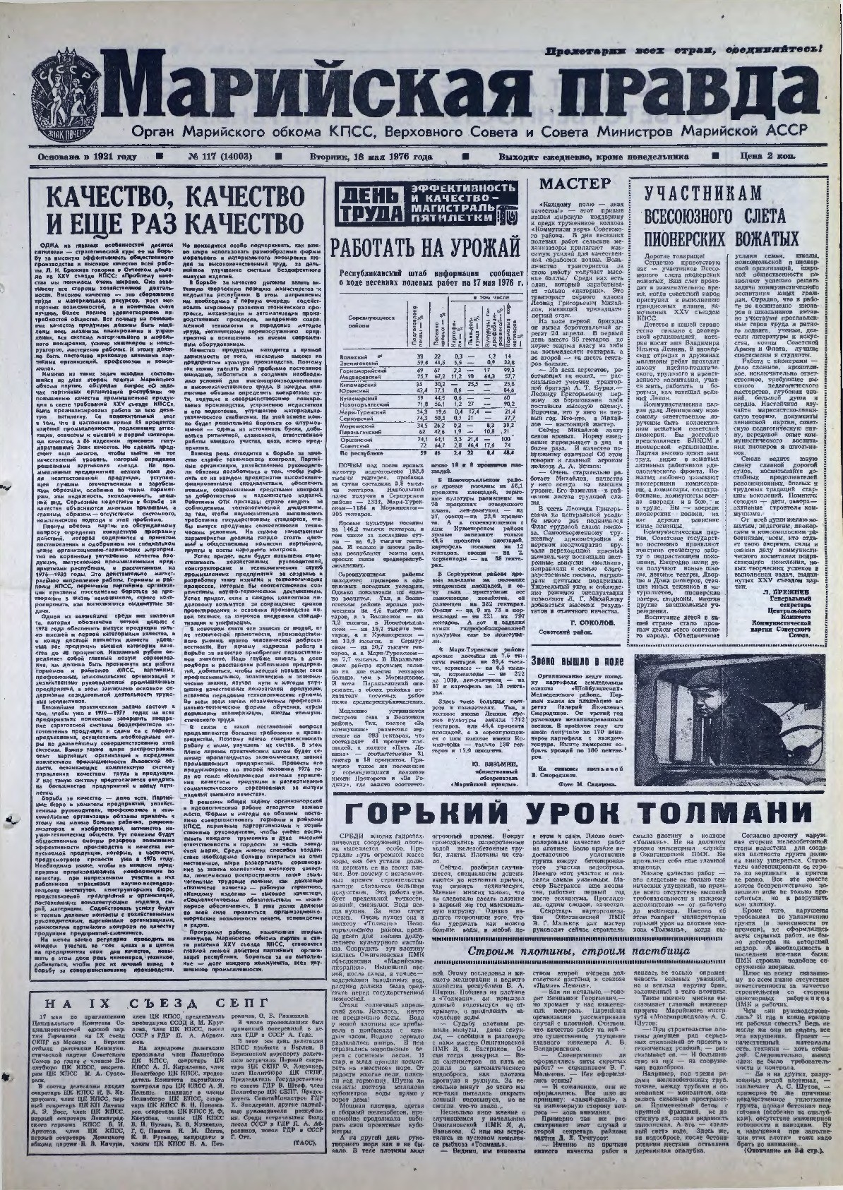 Газета «Марийская правда» от 18.05.1976