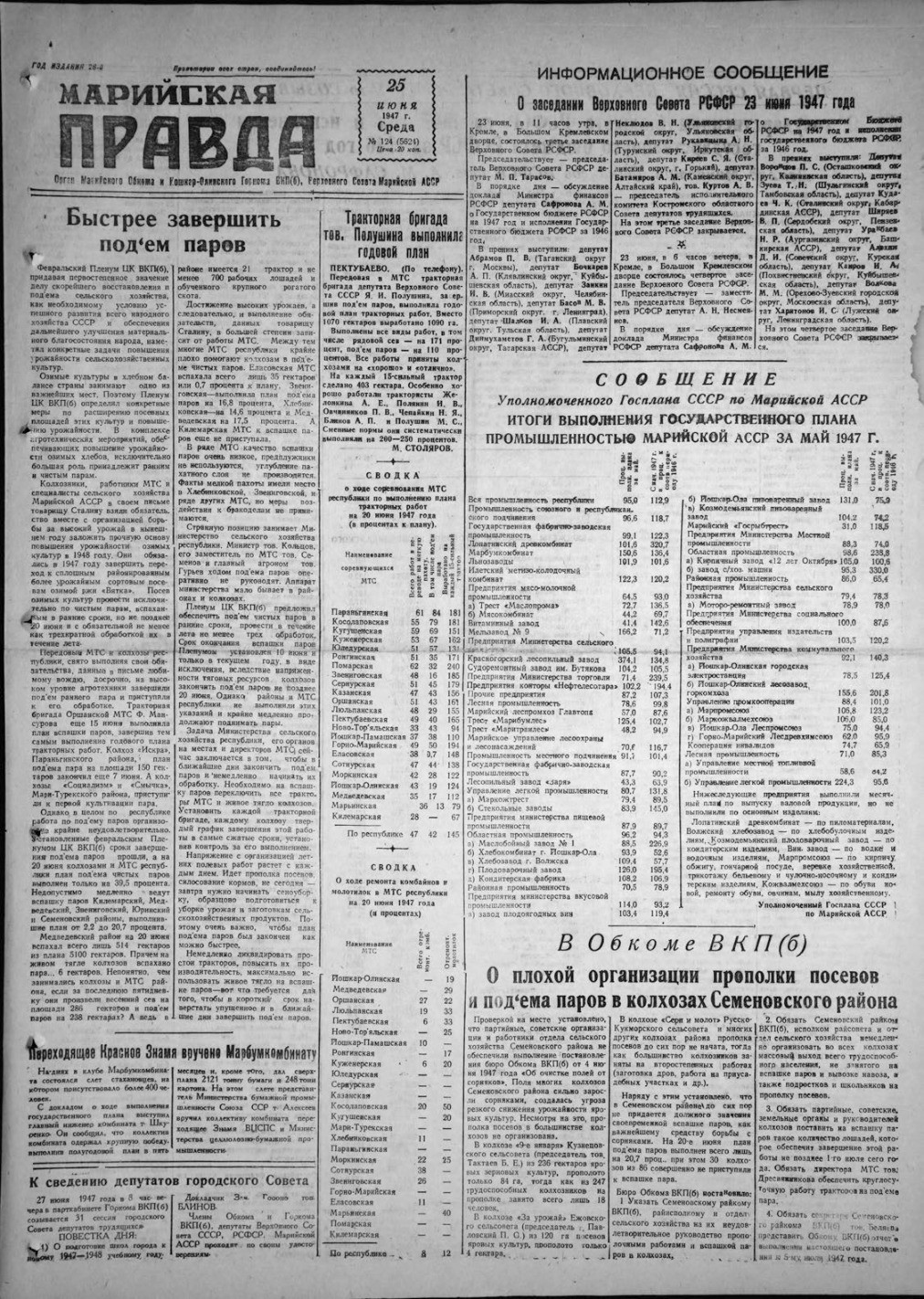 Газета «Марийская правда» от 25.06.1947