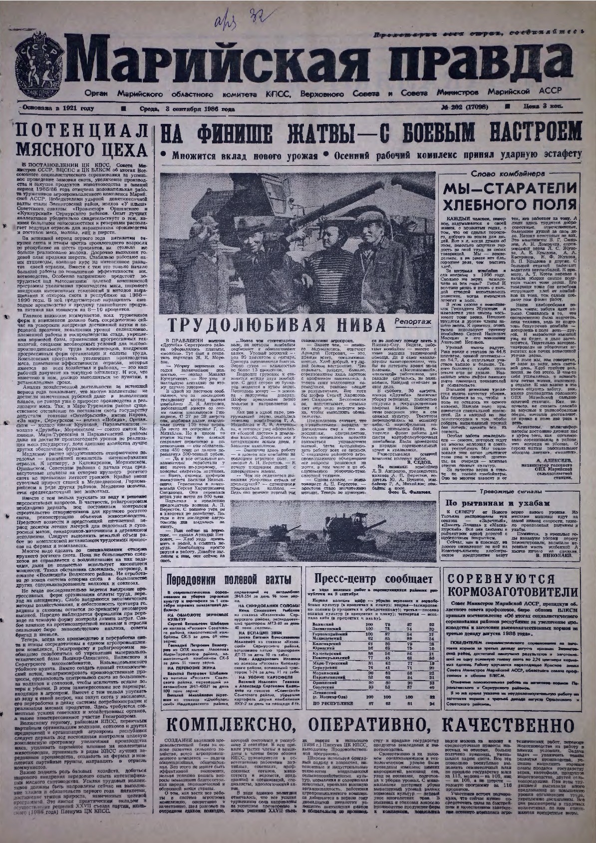 Газета «Марийская правда» от 03.09.1986