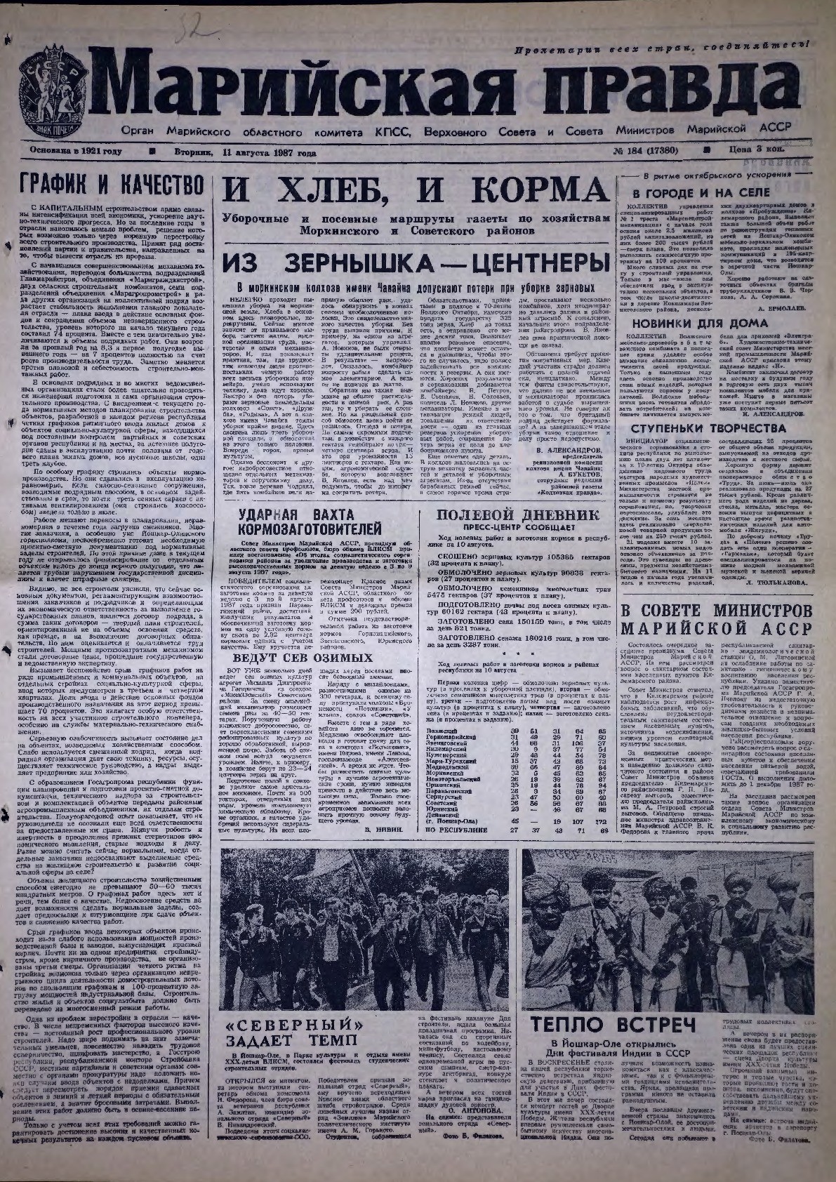 Газета «Марийская правда» от 11.08.1987