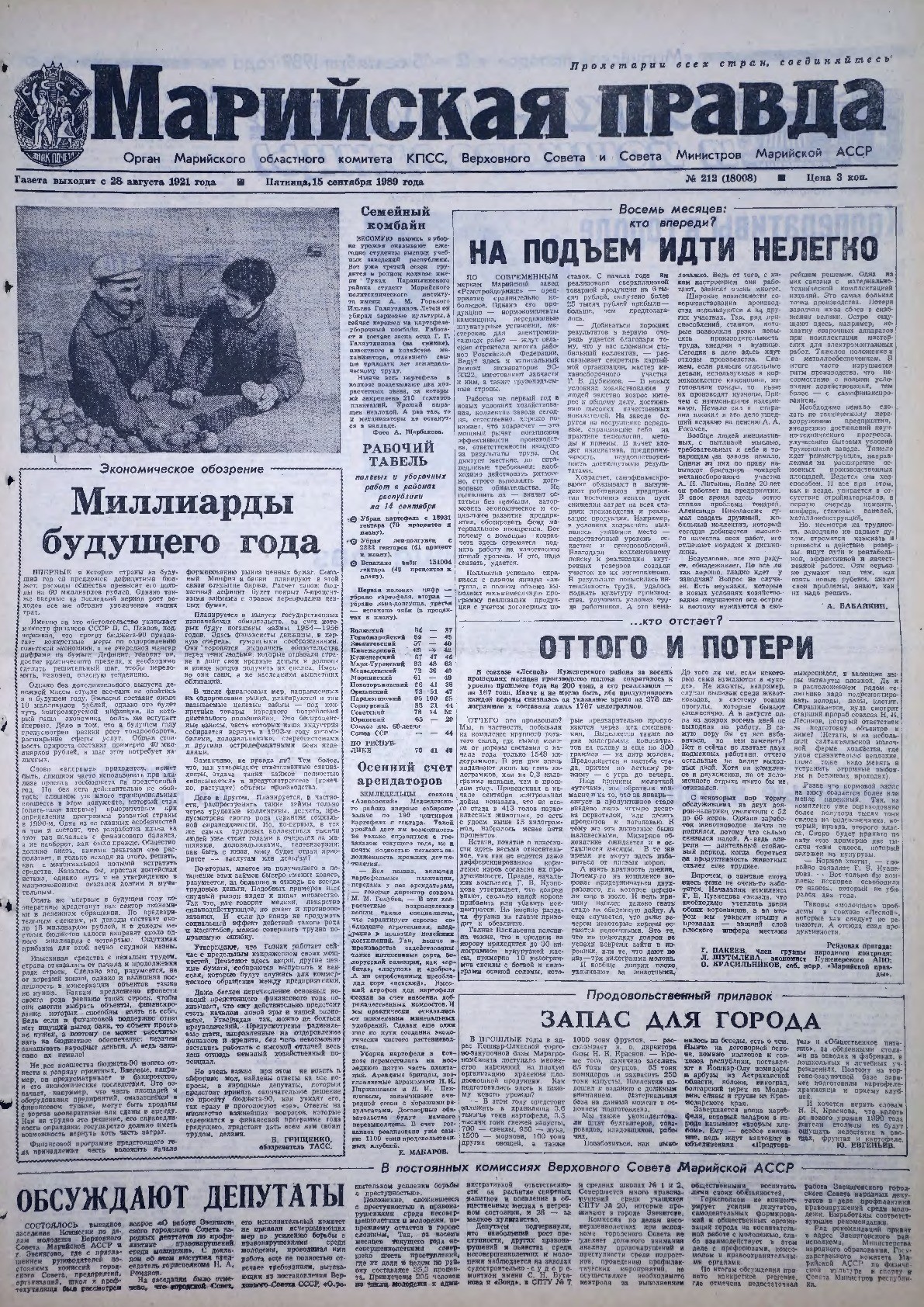 Газета «Марийская правда» от 15.09.1989