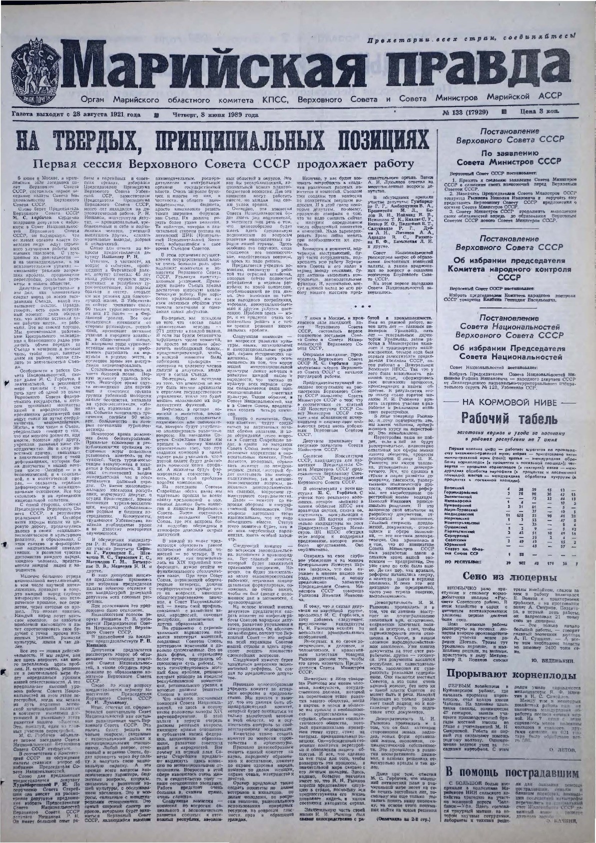 Газета «Марийская правда» от 08.06.1989