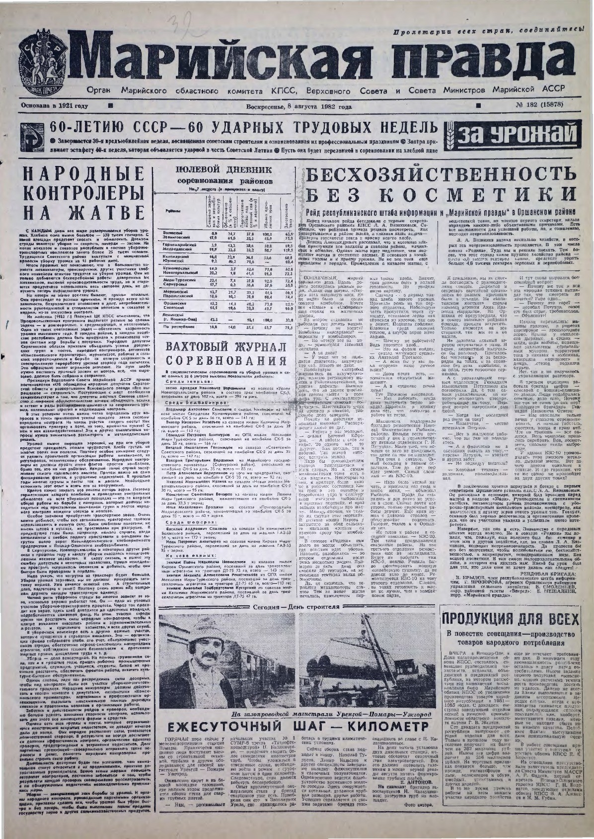 Газета «Марийская правда» от 08.08.1982