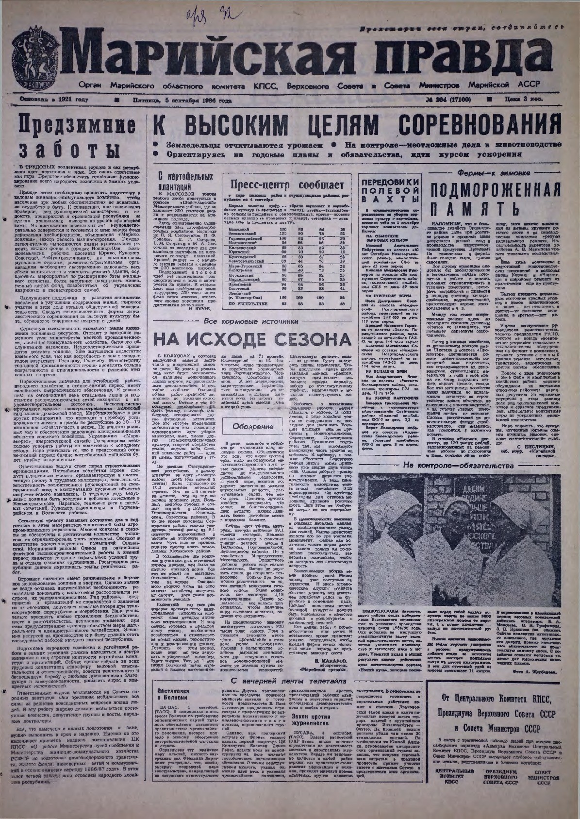 Газета «Марийская правда» от 05.09.1986