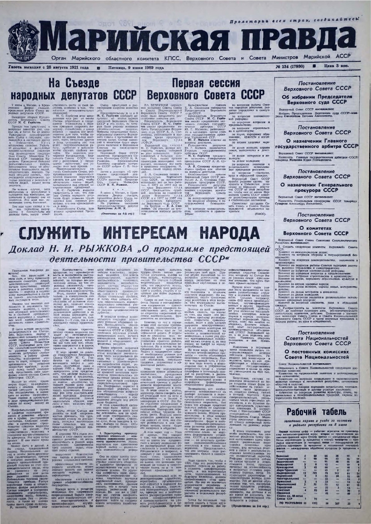 Газета «Марийская правда» от 09.06.1989