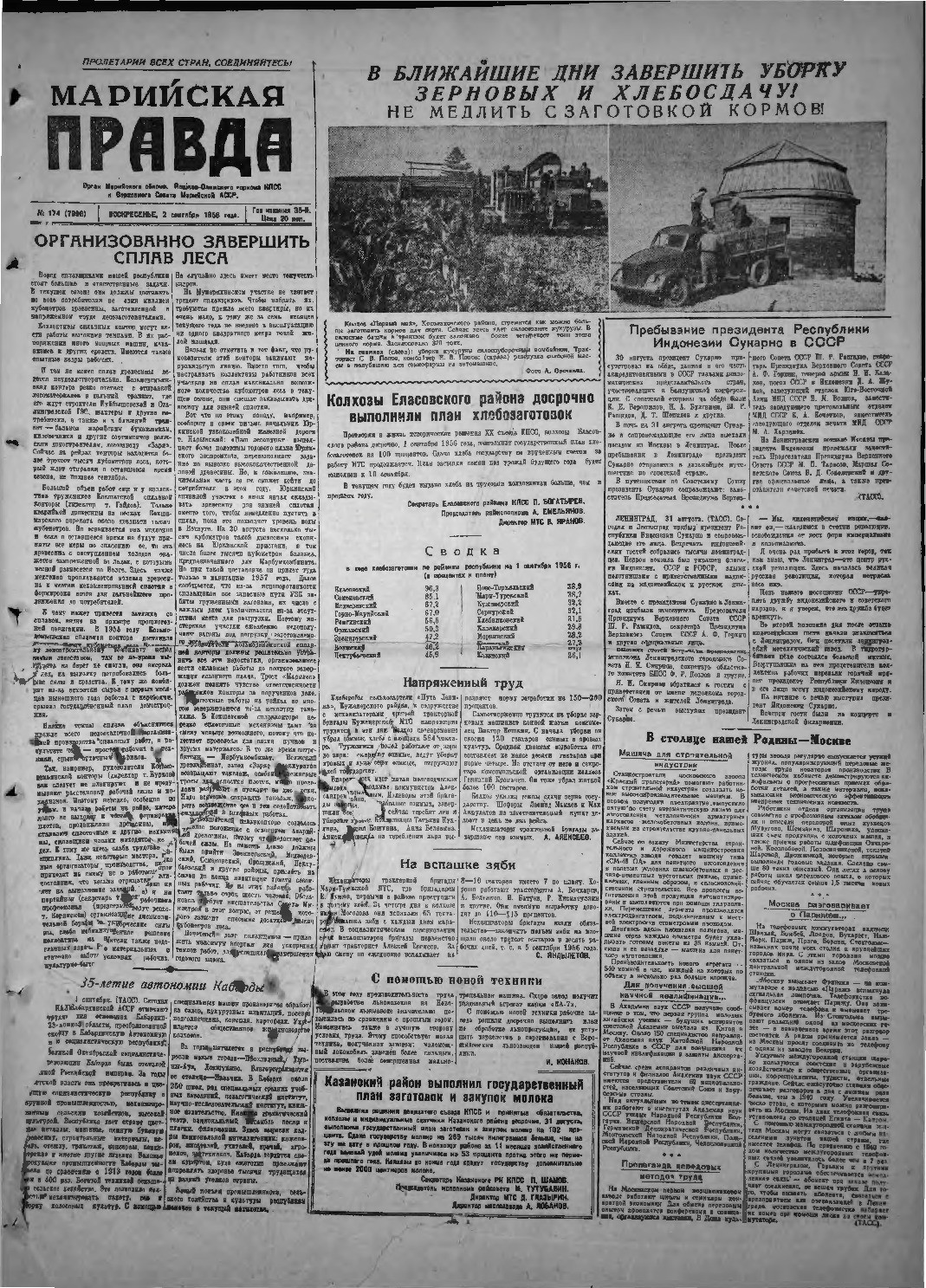 Газета «Марийская правда» от 02.09.1956