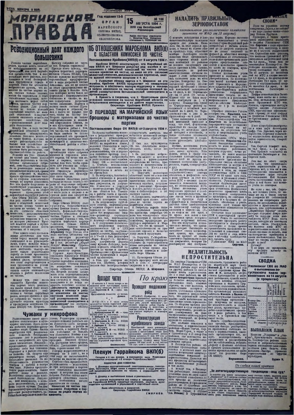 Газета «Марийская правда» от 15.08.1934