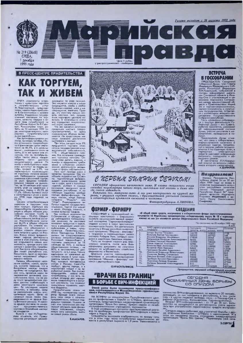 Газета «Марийская правда» от 01.12.1999