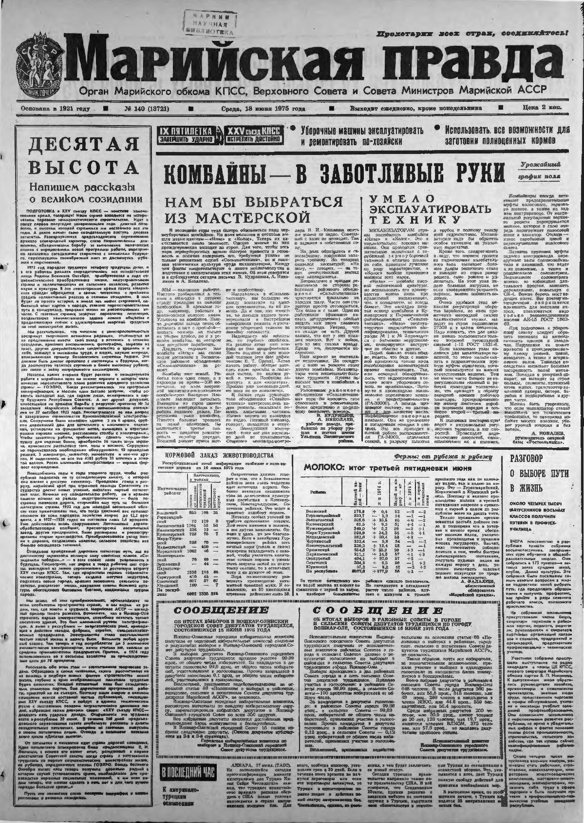 Газета «Марийская правда» от 18.06.1975