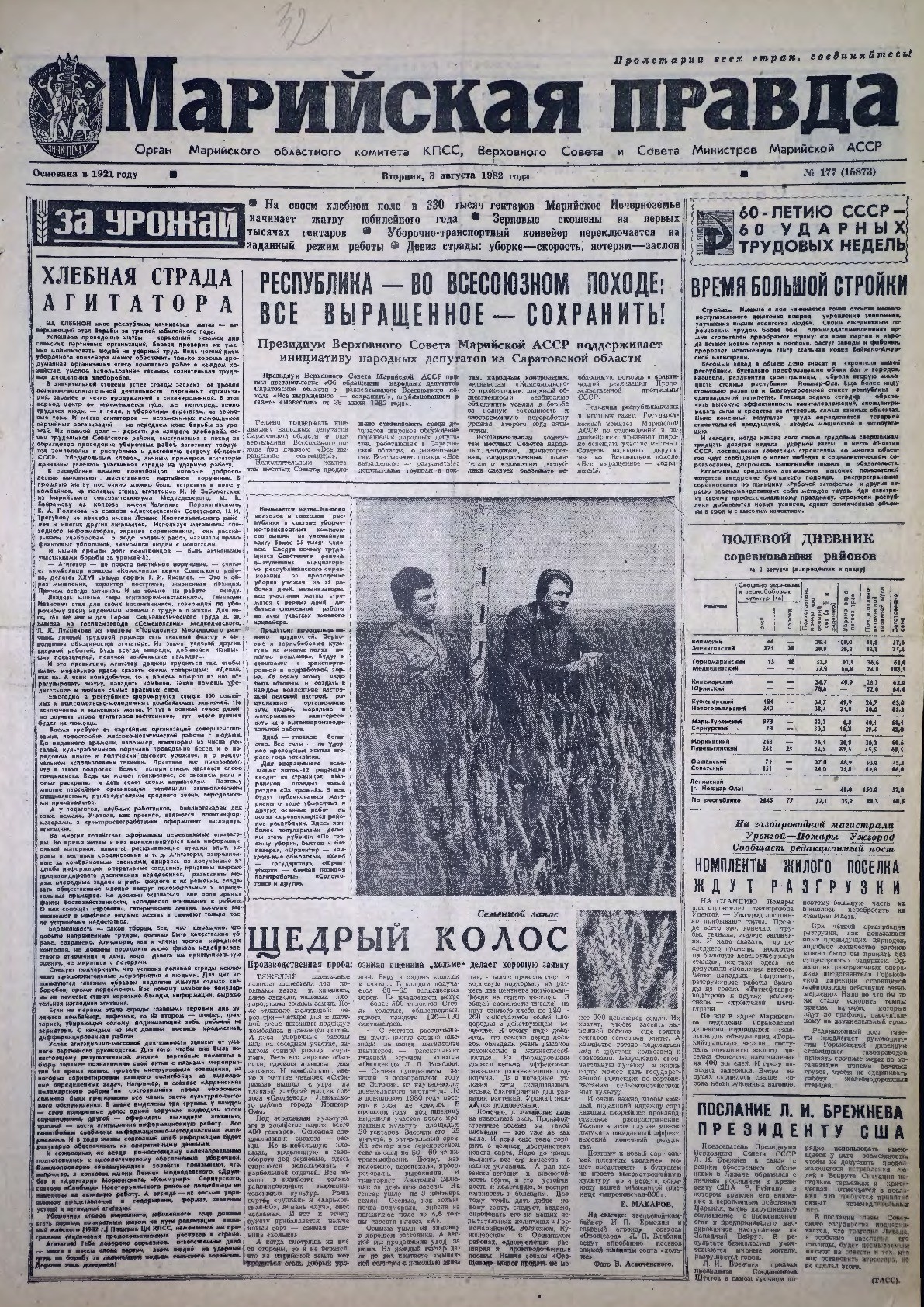 Газета «Марийская правда» от 03.08.1982