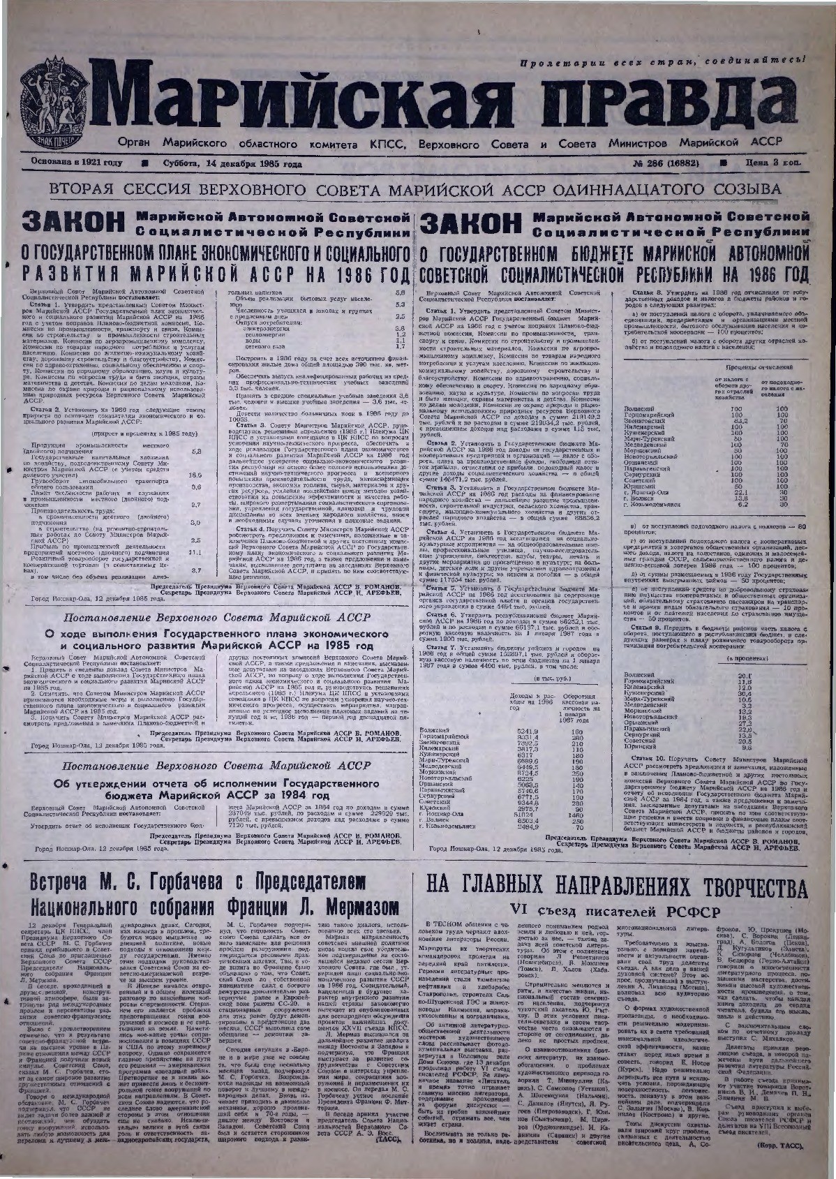 Газета «Марийская правда» от 14.12.1985