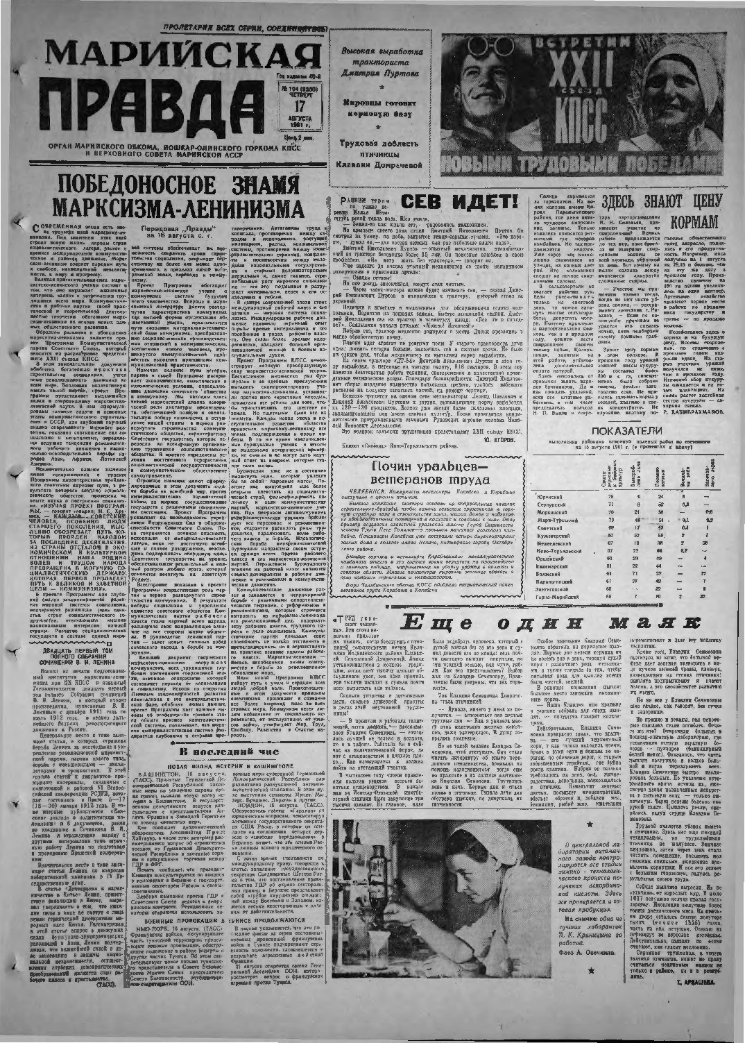 Газета «Марийская правда» от 17.08.1961