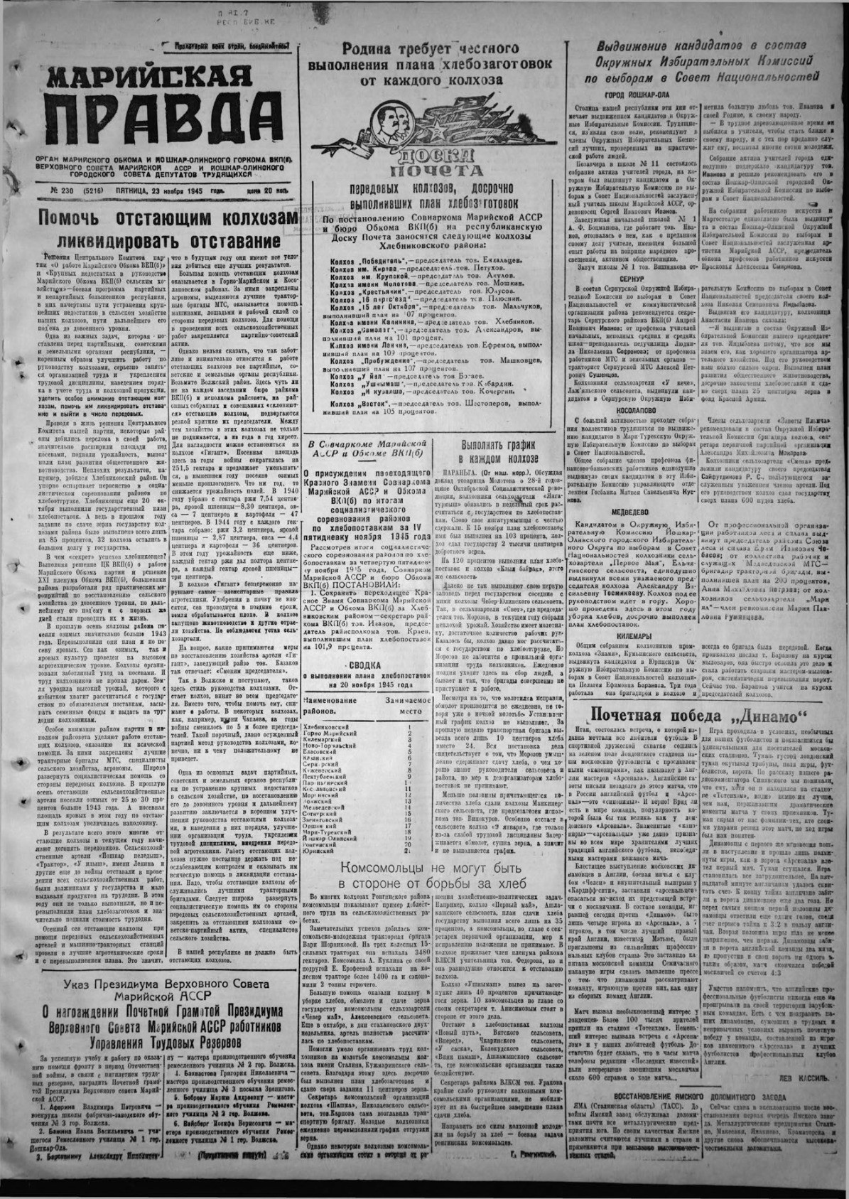 Газета «Марийская правда» от 23.11.1945