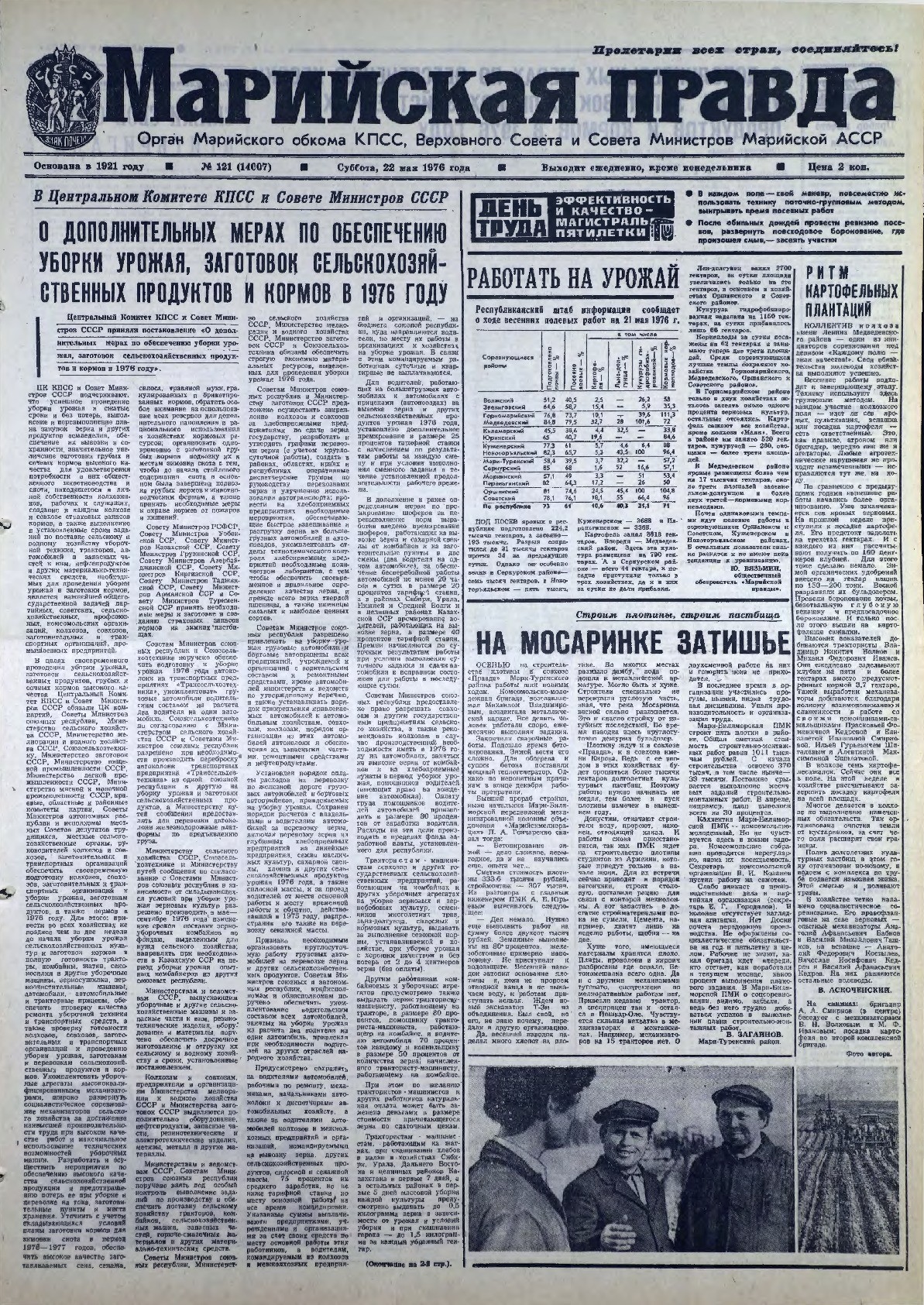Газета «Марийская правда» от 22.05.1976