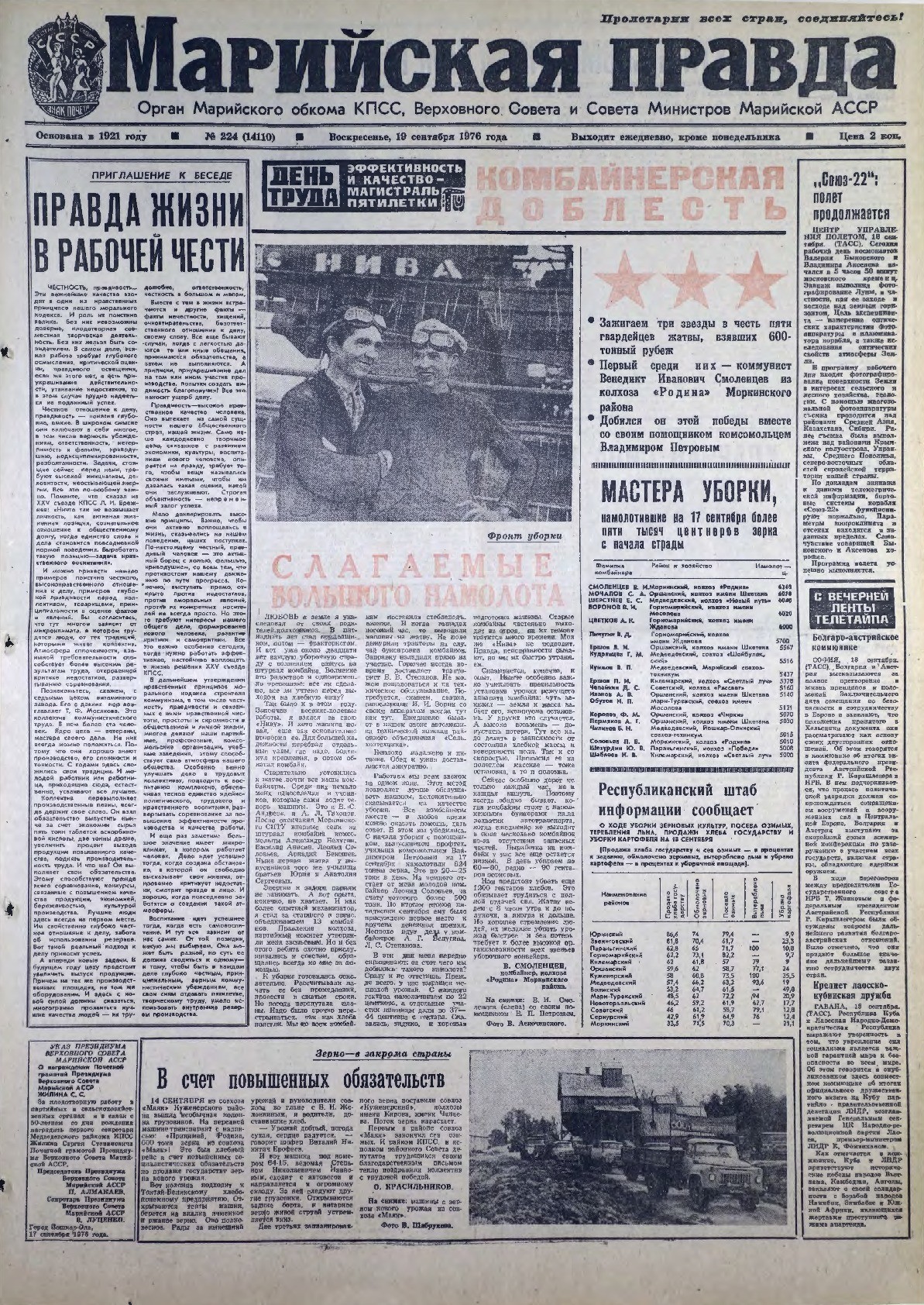 Газета «Марийская правда» от 19.09.1976