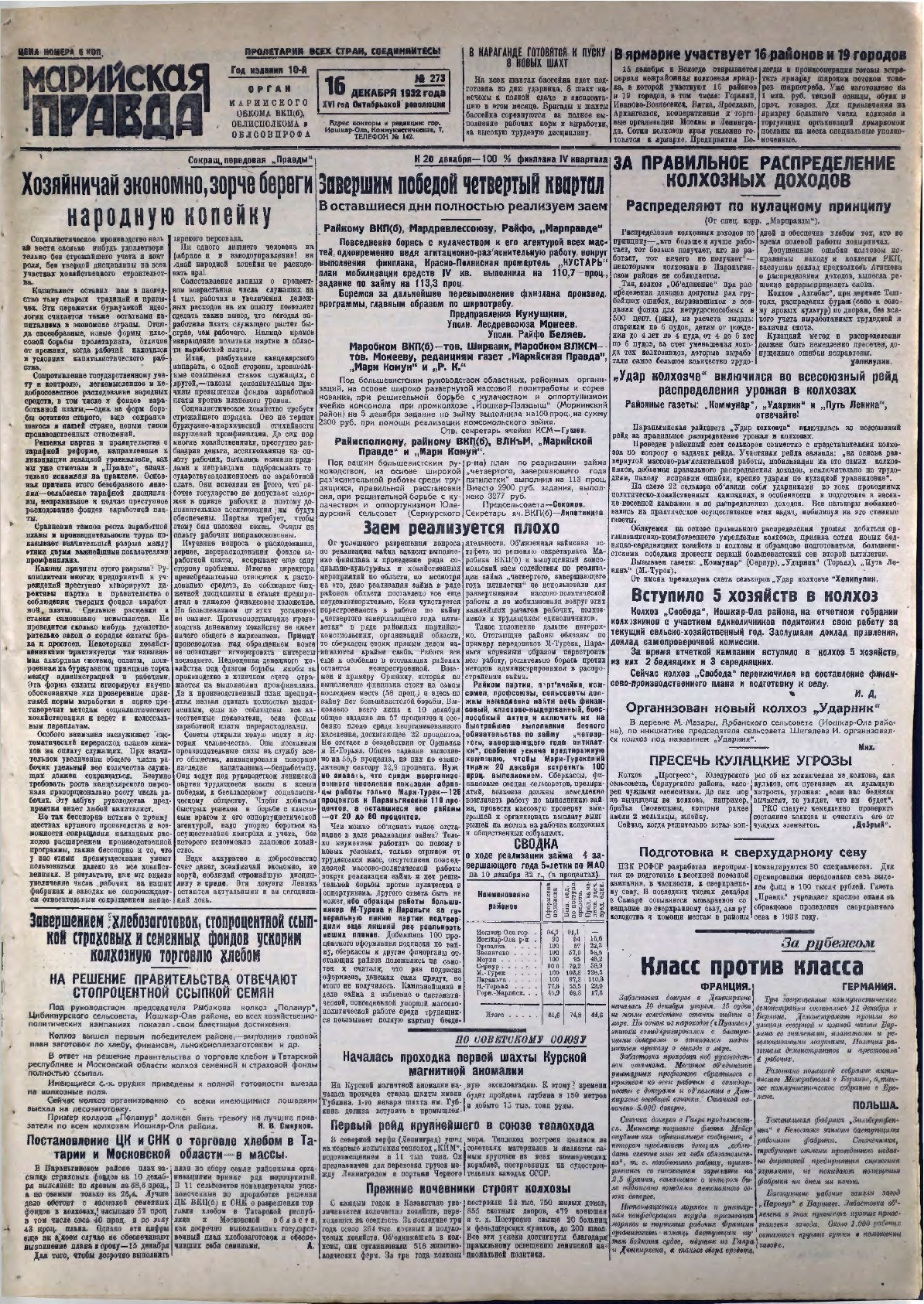 Газета «Марийская правда» от 16.12.1932