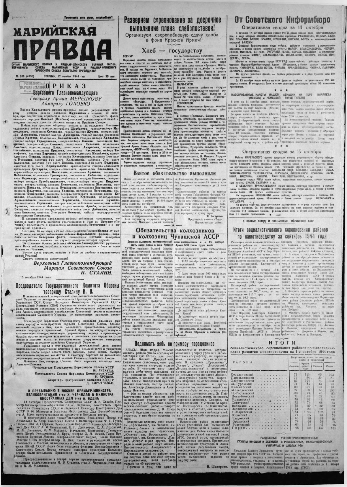 Газета «Марийская правда» от 17.10.1944