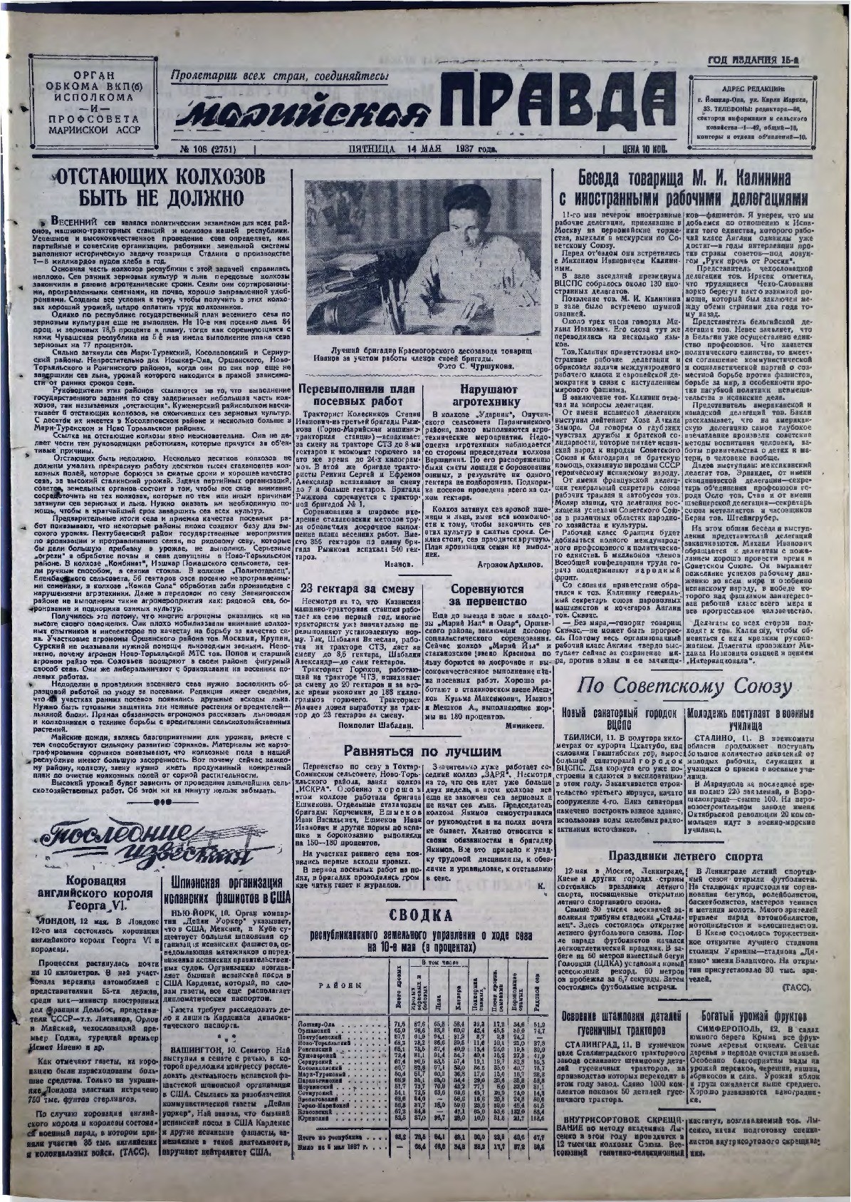 Газета «Марийская правда» от 14.05.1937