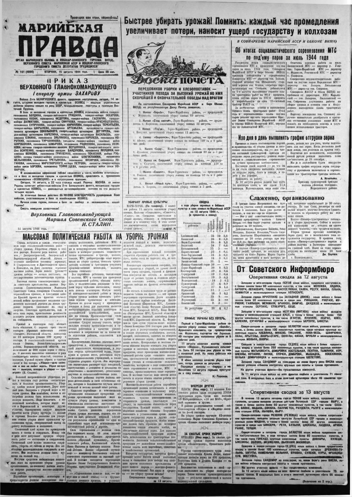 Газета «Марийская правда» от 15.08.1944