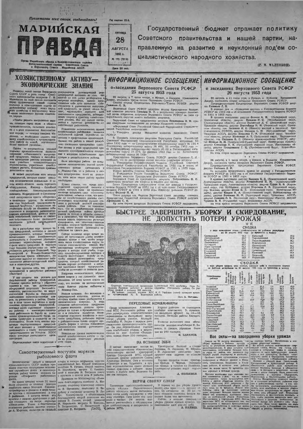 Газета «Марийская правда» от 28.08.1953