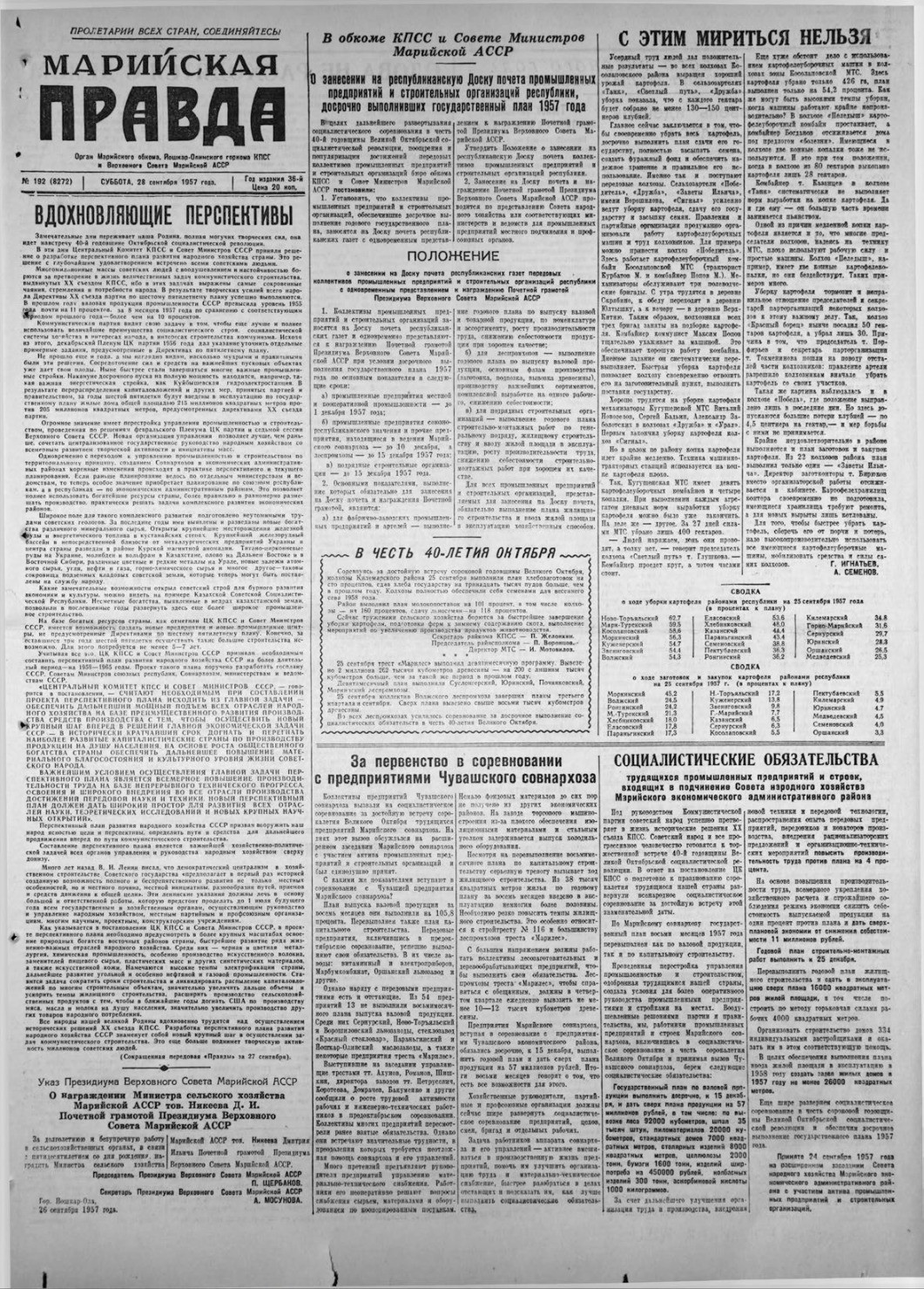 Газета «Марийская правда» от 28.09.1957
