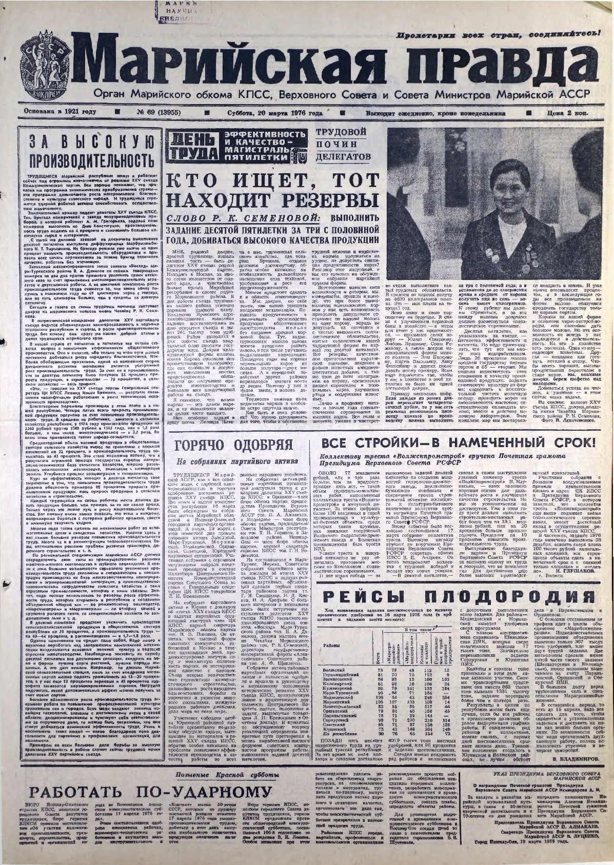 Газета «Марийская правда» от 20.03.1976