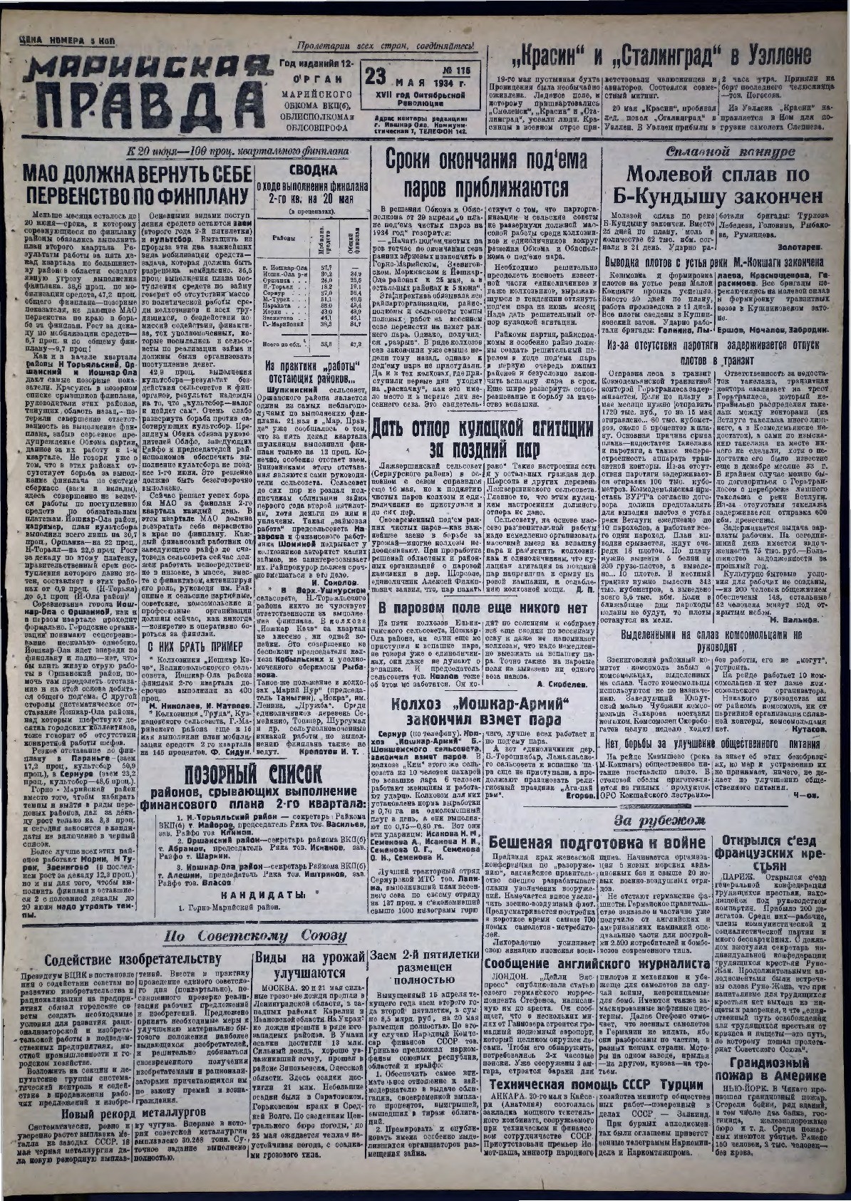 Газета «Марийская правда» от 23.05.1934