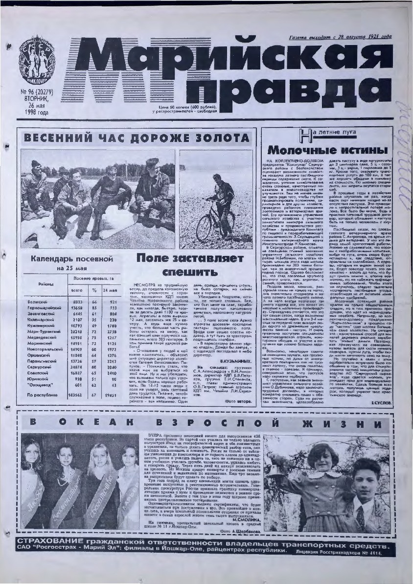 Газета «Марийская правда» от 26.05.1998