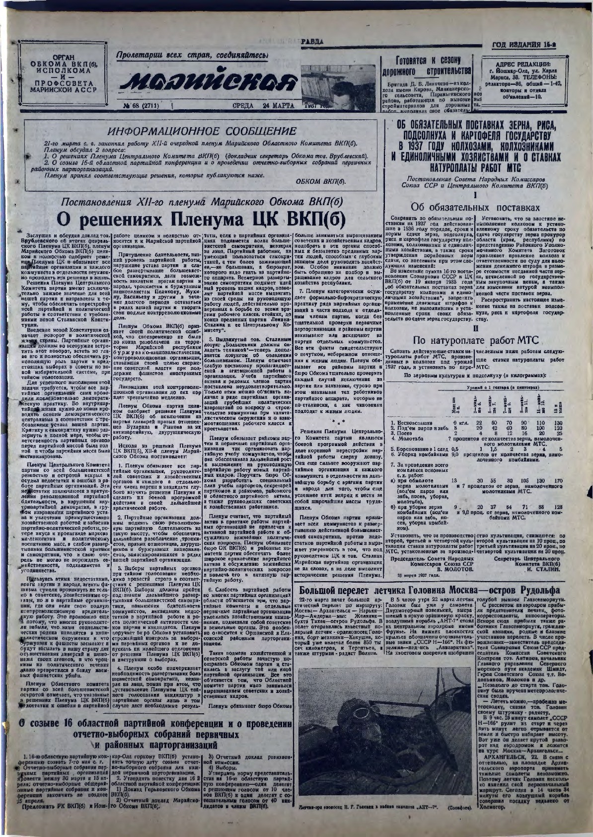 Газета «Марийская правда» от 24.03.1937