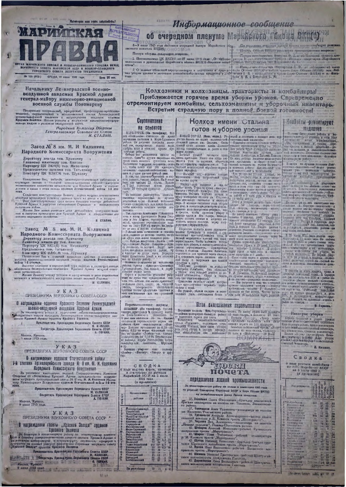 Газета «Марийская правда» от 11.07.1945