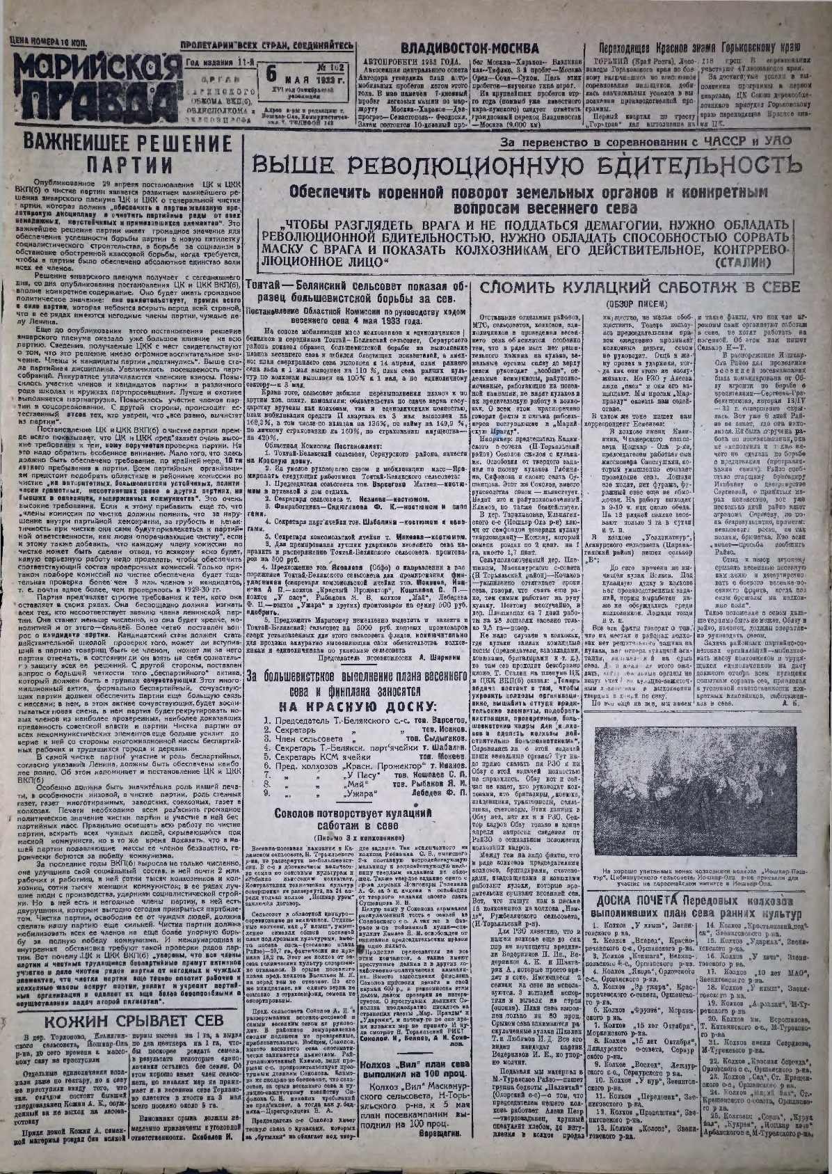 Газета «Марийская правда» от 06.05.1933