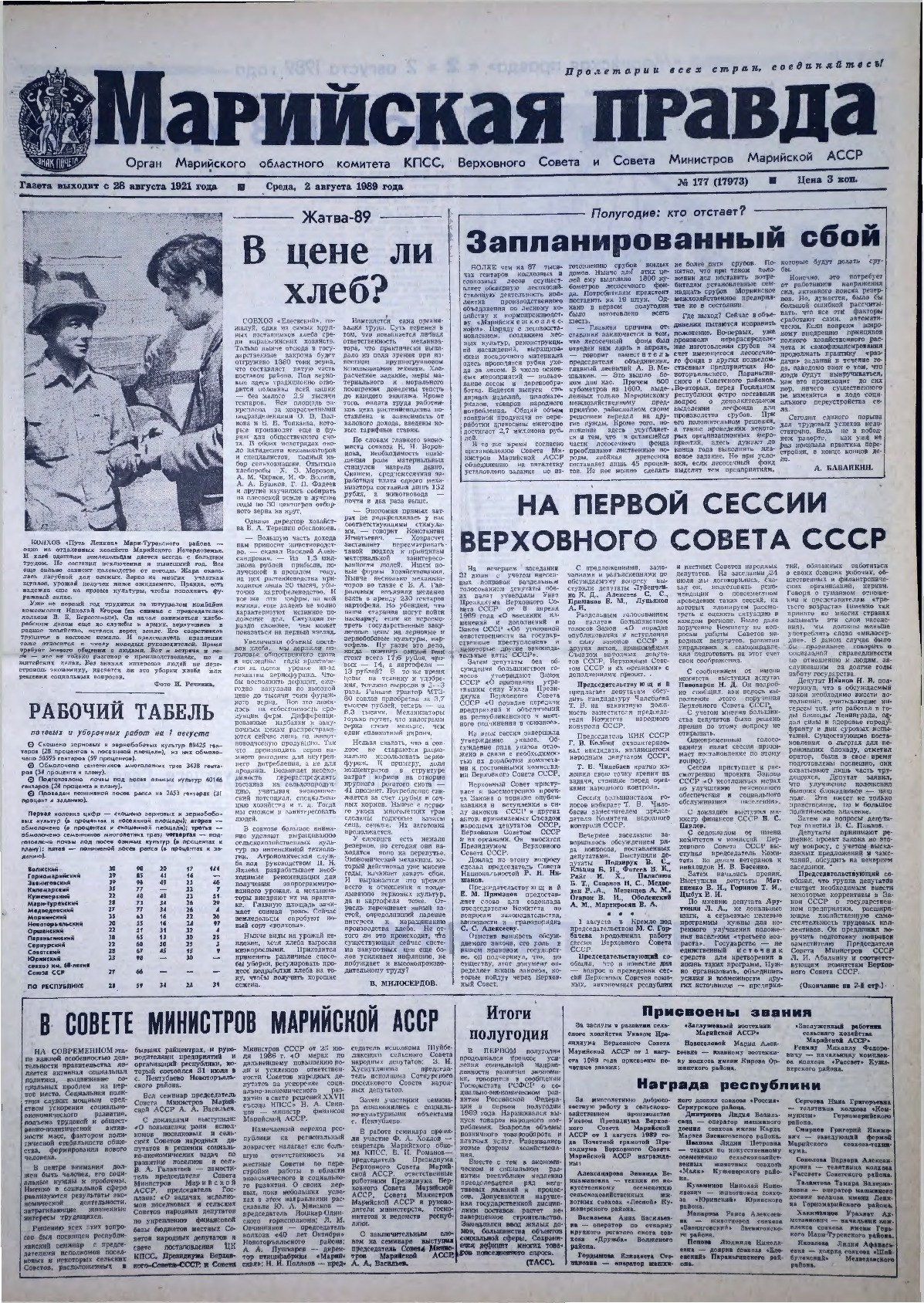 Газета «Марийская правда» от 02.08.1989