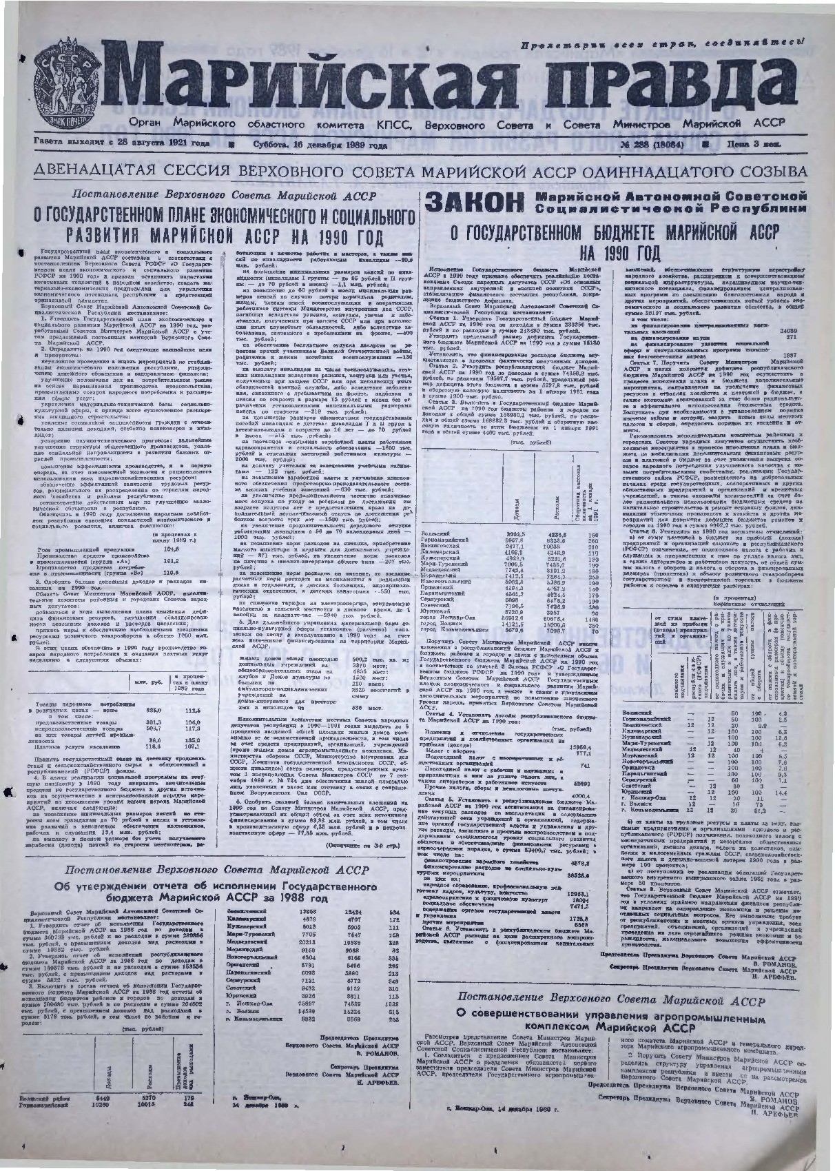 Газета «Марийская правда» от 16.12.1989