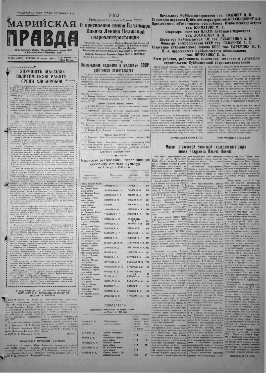 Газета «Марийская правда» от 12.08.1958