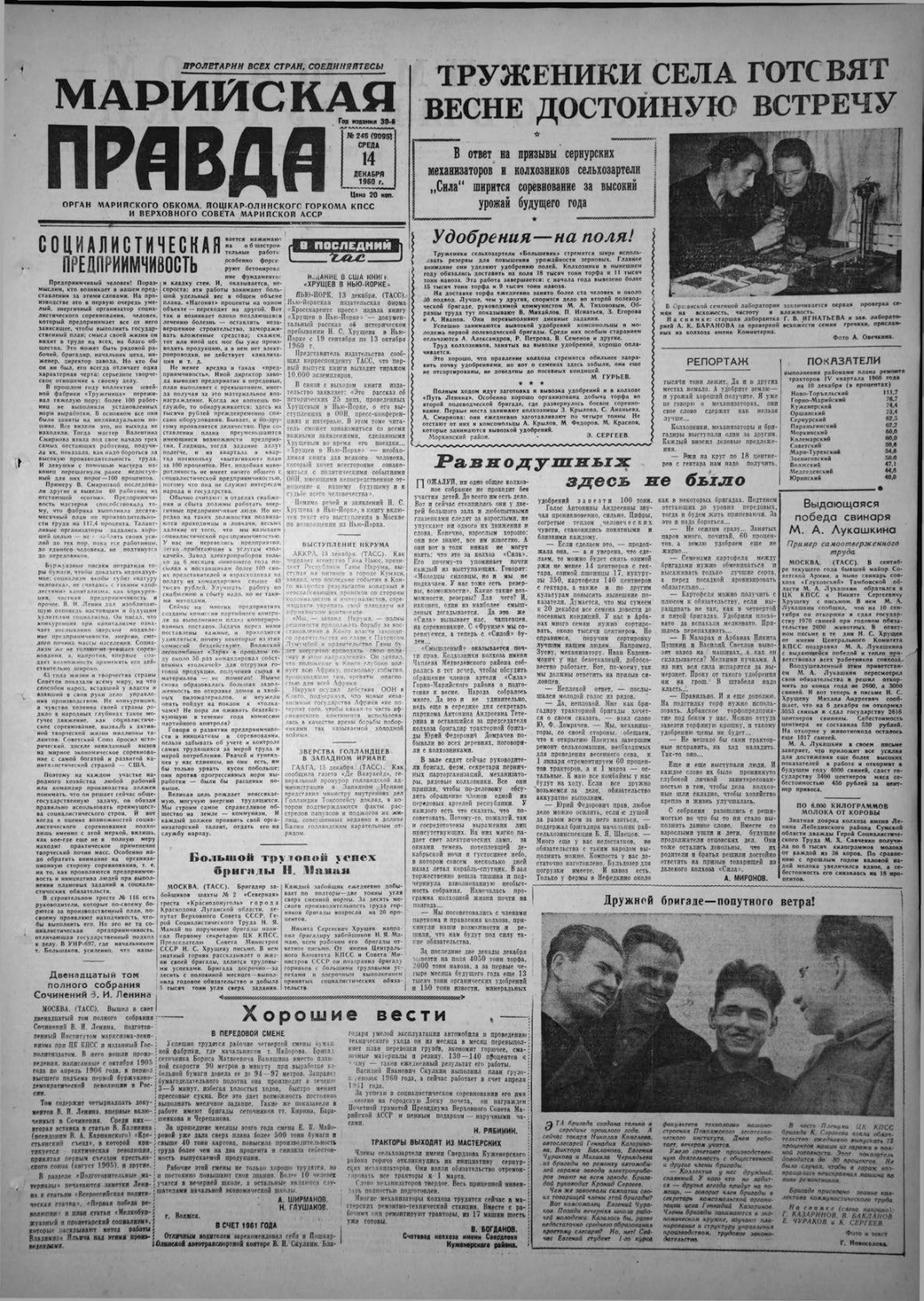 Газета «Марийская правда» от 14.12.1960