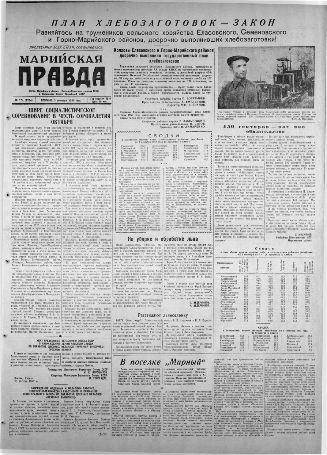 Газета «Марийская правда» от 03.09.1957