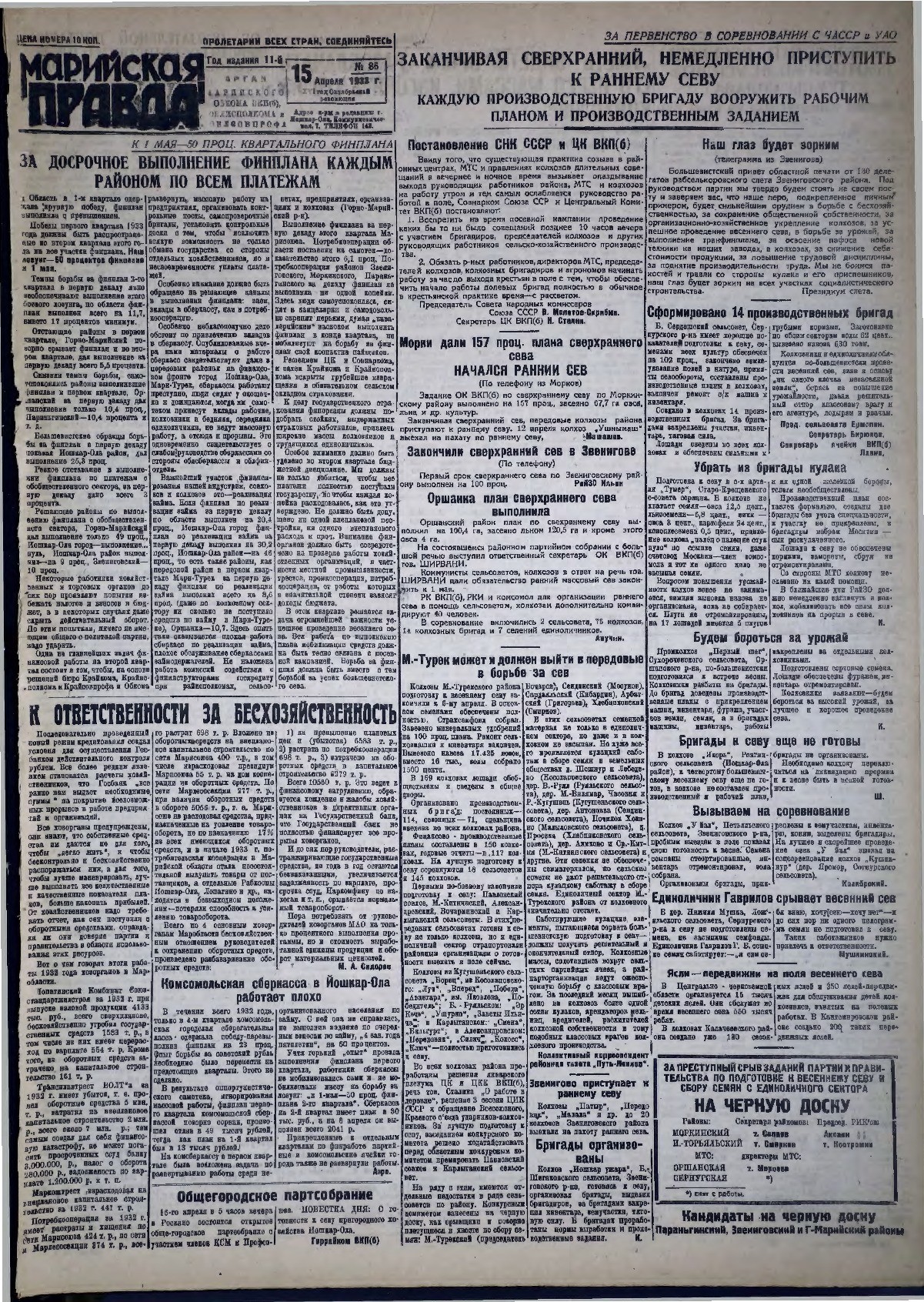 Газета «Марийская правда» от 15.04.1933
