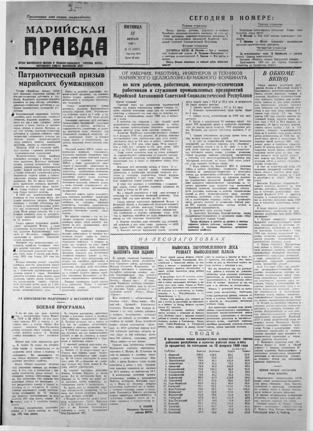 Газета «Марийская правда» от 18.02.1949