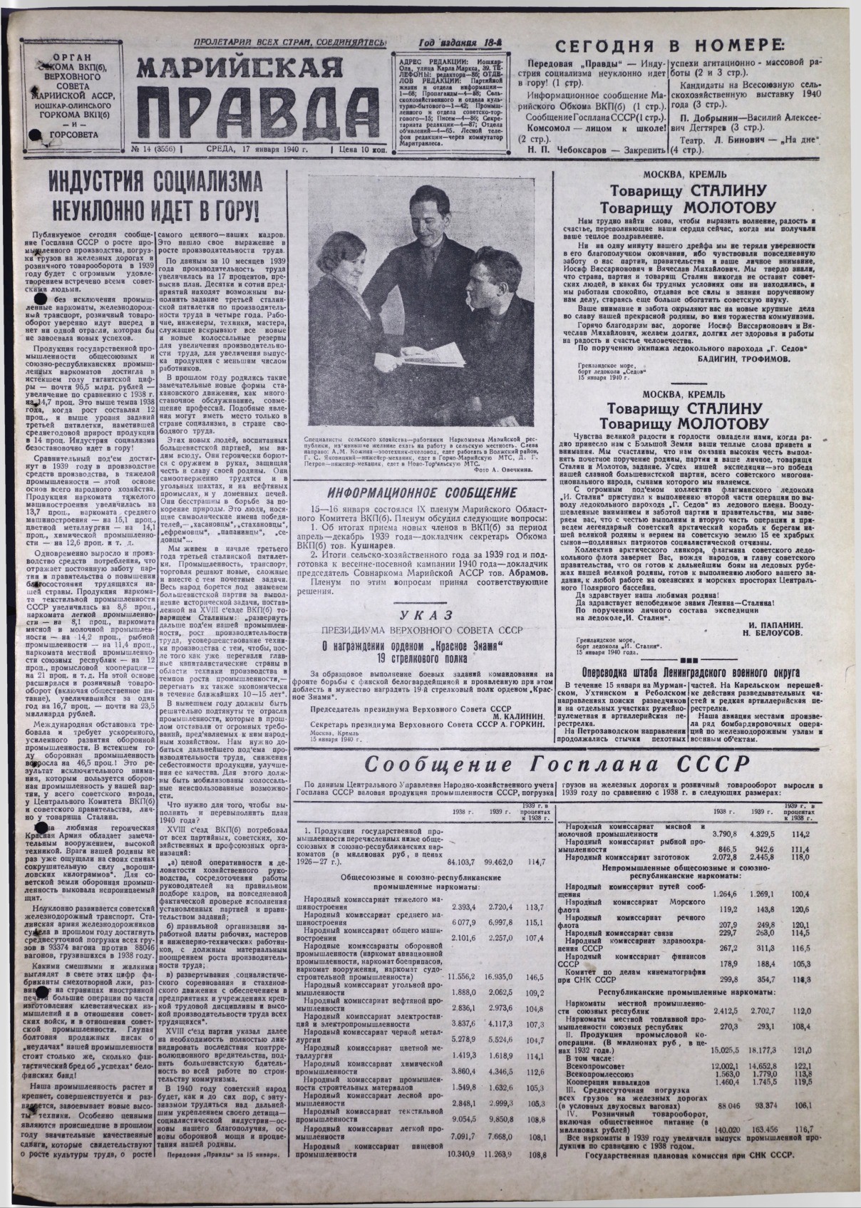 Газета «Марийская правда» от 17.01.1940