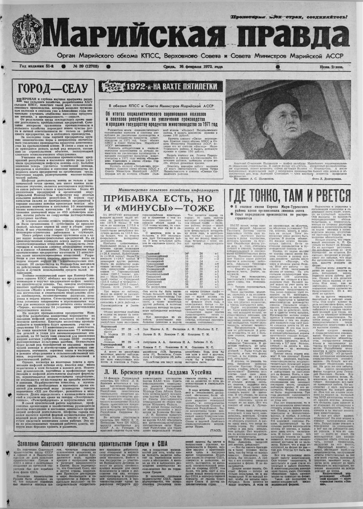 Газета «Марийская правда» от 16.02.1972