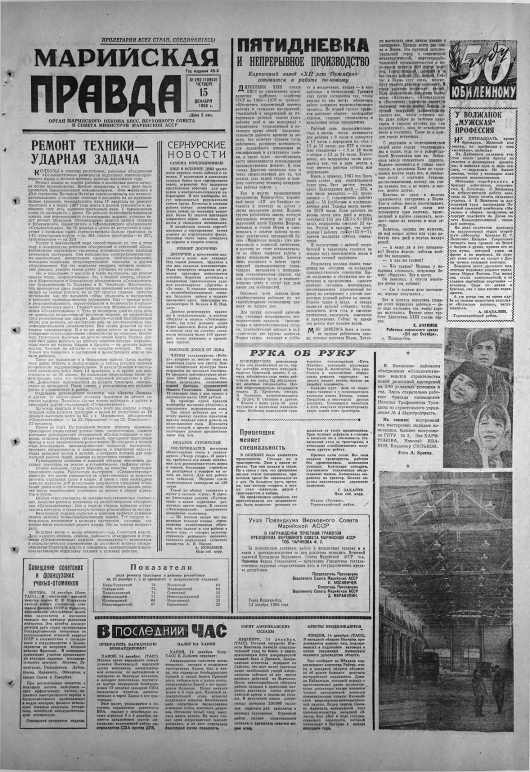 Газета «Марийская правда» от 15.12.1966