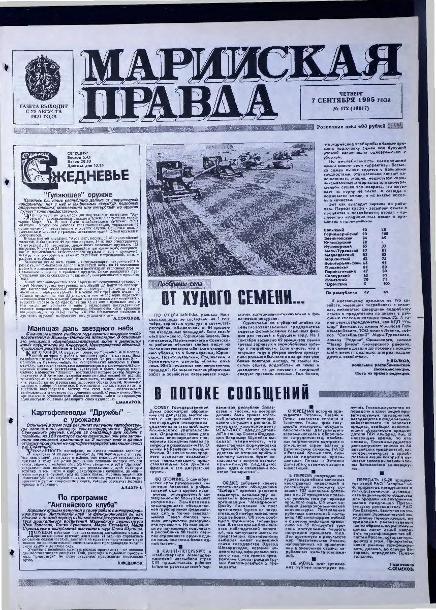 Газета «Марийская правда» от 07.09.1995